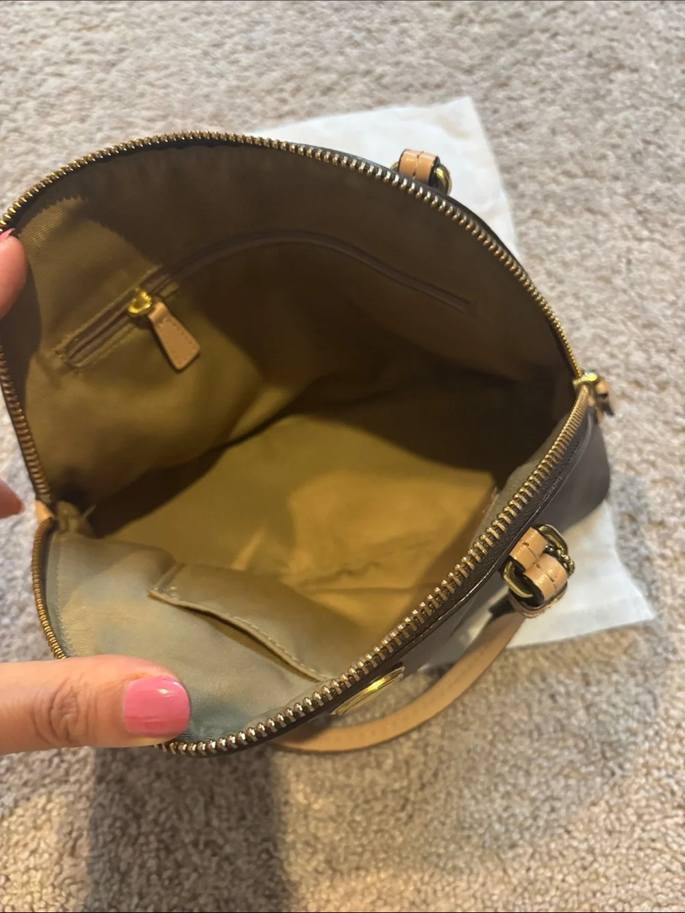 Coach Brown Signature Mini Dome Satchel with Tan Handles and Red Tag